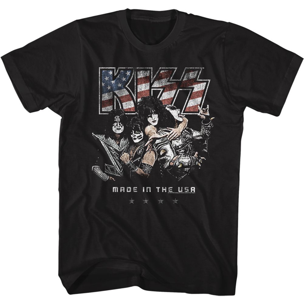 Black KISS Made In The USA graphic t-shirt featuring vintage band artwork and distressed American flag logo