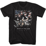 Black KISS Made In The USA graphic t-shirt featuring vintage band artwork and distressed American flag logo