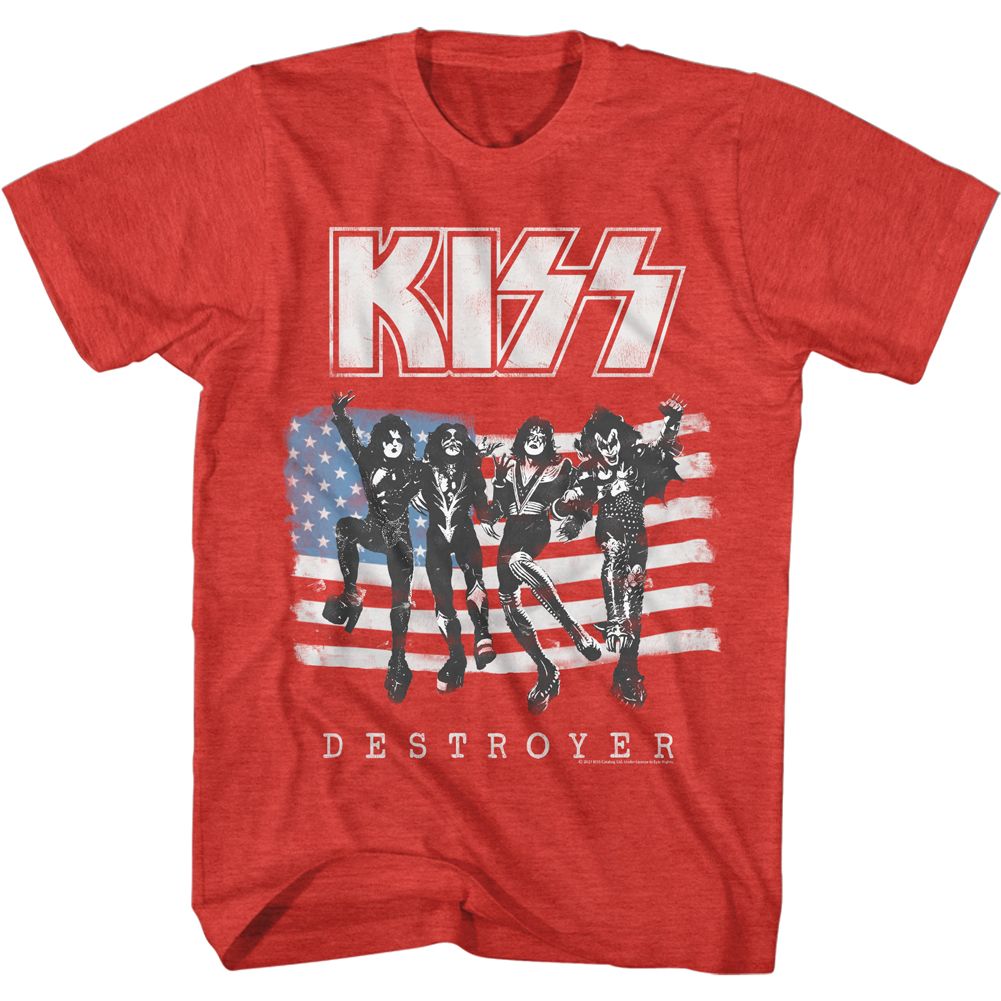 Red T-shirt featuring KISS Destroyer-era band members standing over a distressed American flag background.