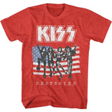 Red T-shirt featuring KISS Destroyer-era band members standing over a distressed American flag background.