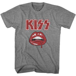 Heather grey T-shirt featuring the KISS logo above red dripping lips graphic.