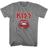 Heather grey T-shirt featuring the KISS logo above red dripping lips graphic.