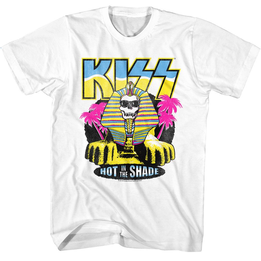 White T-shirt featuring KISS logo above neon Sphinx graphic with sunglasses and palm trees, reading “Hot in the Shade.”