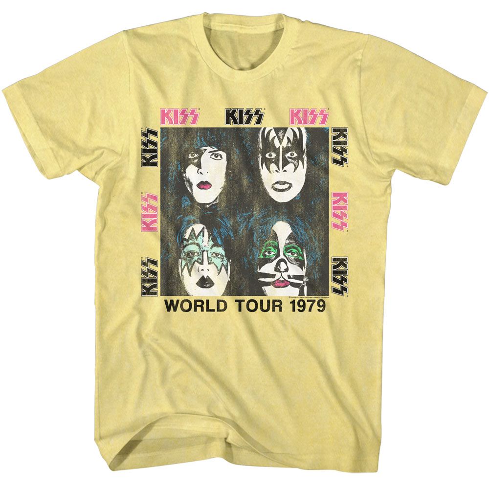 Yellow T-shirt featuring KISS band member makeup portraits with “World Tour 1979” text and multiple KISS logos.