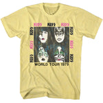 Yellow T-shirt featuring KISS band member makeup portraits with “World Tour 1979” text and multiple KISS logos.