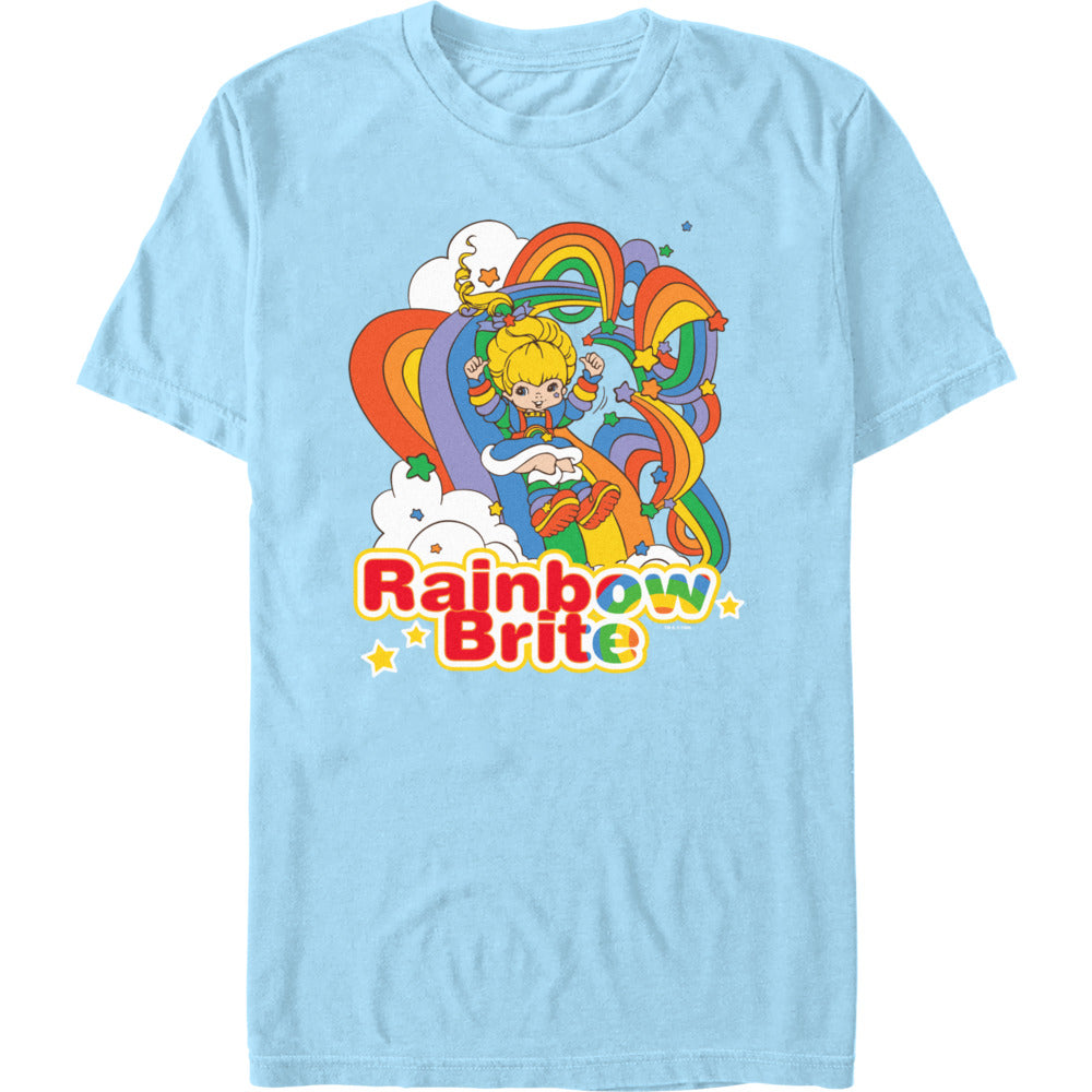 Retro Rainbow Brite t-shirt with rainbow graphics and vintage 80s cartoon aesthetic on light blue tee