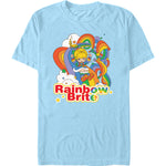 Retro Rainbow Brite t-shirt with rainbow graphics and vintage 80s cartoon aesthetic on light blue tee