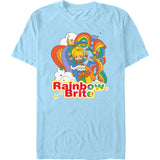 Retro Rainbow Brite t-shirt with rainbow graphics and vintage 80s cartoon aesthetic on light blue tee