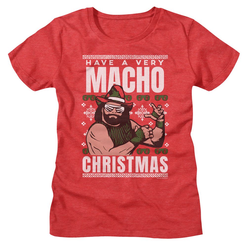 Red t-shirt with graphic design and text 'Have a Very Macho Christmas' on a white background