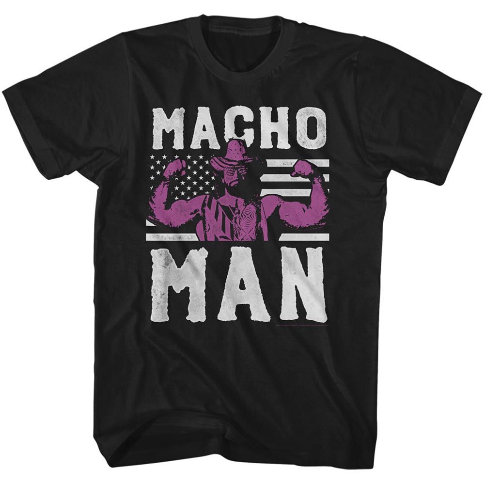 Black Macho Man wrestling graphic t-shirt featuring retro purple flexing illustration with distressed lettering