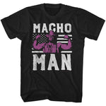 Black Macho Man wrestling graphic t-shirt featuring retro purple flexing illustration with distressed lettering