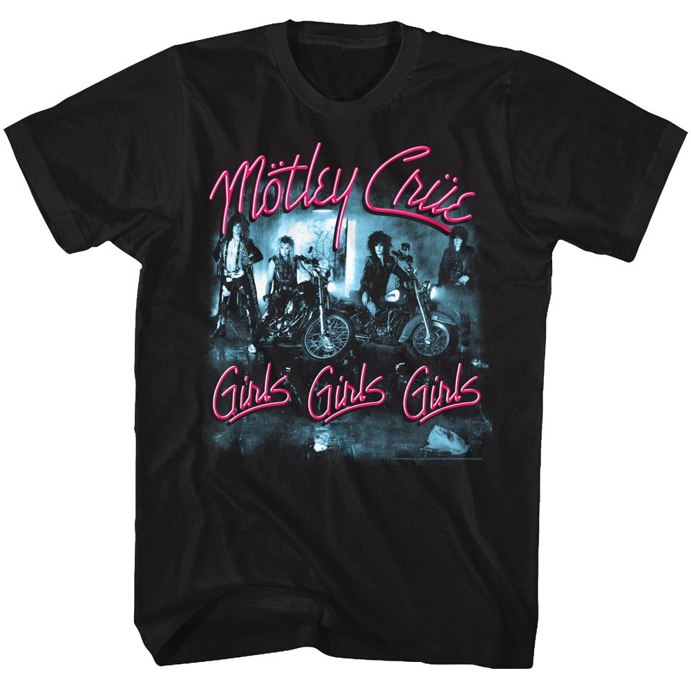Black T-shirt featuring Mötley Crüe band photo with neon pink “Girls Girls Girls” text.