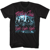 Black T-shirt featuring Mötley Crüe band photo with neon pink “Girls Girls Girls” text.