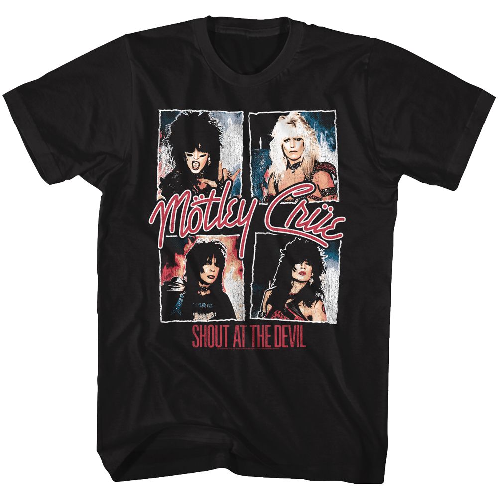 Black T-shirt with vintage Mötley Crüe “Shout at the Devil” band photo collage graphic.
