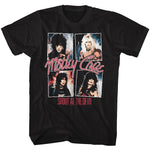 Black T-shirt with vintage Mötley Crüe “Shout at the Devil” band photo collage graphic.