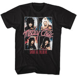 Black T-shirt with vintage Mötley Crüe “Shout at the Devil” band photo collage graphic.