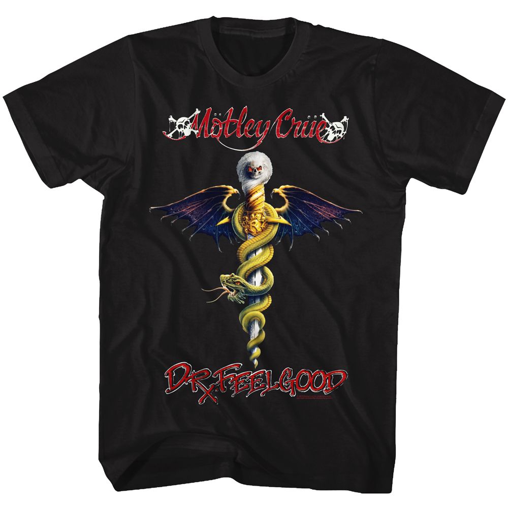 Black T-shirt with Mötley Crüe logo and colorful Dr. Feelgood snake, skull, and winged staff graphic.