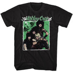 Black T-shirt featuring a vintage Mötley Crüe group photo with a green dragon background.