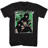 Black T-shirt featuring a vintage Mötley Crüe group photo with a green dragon background.