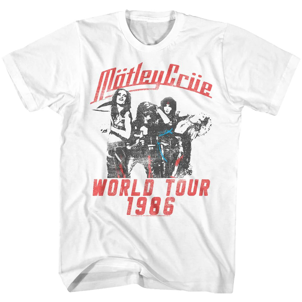 Mötley Crüé World Tour 1986 white t-shirt with band members' images and text on the front.