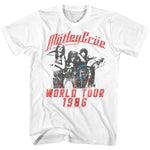 Mötley Crüé World Tour 1986 white t-shirt with band members' images and text on the front.