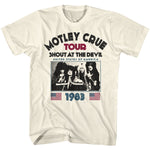 Cream T-shirt with vintage Mötley Crüe “Shout At The Devil Tour 1983” graphic, band photo, and small American flags.