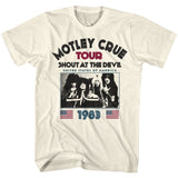 Cream T-shirt with vintage Mötley Crüe “Shout At The Devil Tour 1983” graphic, band photo, and small American flags.