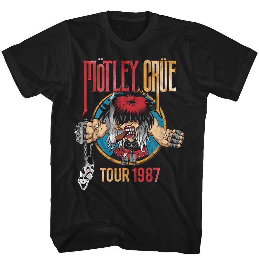 Black T-shirt with vintage Mötley Crüe Tour 1987 graphic featuring mascot artwork and distressed lettering.