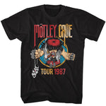 Black T-shirt with vintage Mötley Crüe Tour 1987 graphic featuring mascot artwork and distressed lettering.