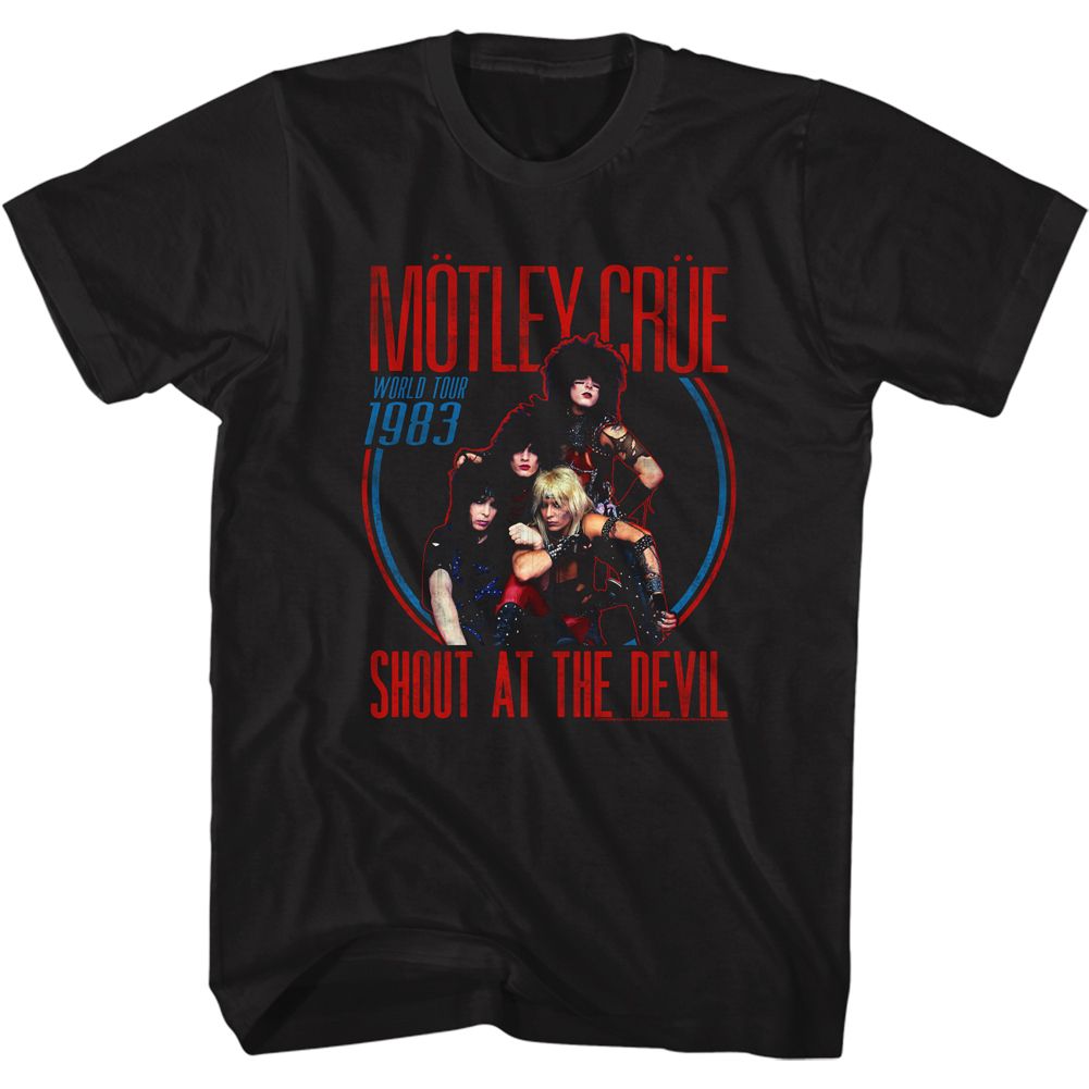 Black Motley Crue Shoot At The Devil 1983 World Tour graphic t-shirt featuring vintage glam metal band artwork