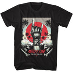 Black T-shirt featuring metal devil-horns hand, skulls, palm trees, and red sun with “Mötley Crüe Too Fast for Love 1981” text.