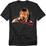 Black T-shirt with Delta Force graphic featuring Chuck Norris holding a weapon.