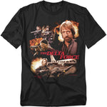 Black T-shirt featuring explosive Delta Force movie poster artwork with Chuck Norris.