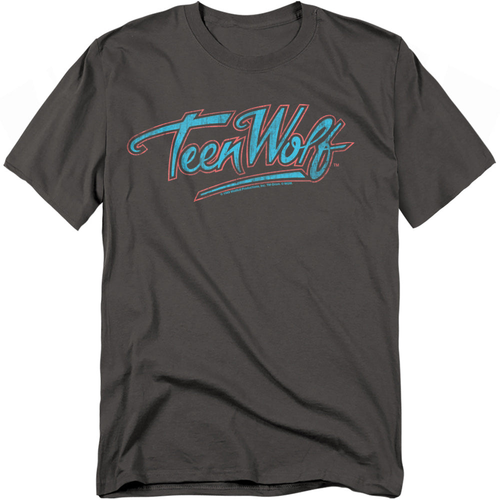 Charcoal gray T-shirt with a retro Teen Wolf logo in light blue and red, inspired by the 1985 Michael J. Fox movie.