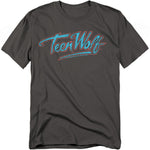 Charcoal gray T-shirt with a retro Teen Wolf logo in light blue and red, inspired by the 1985 Michael J. Fox movie.