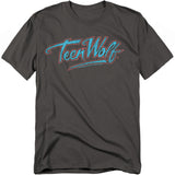 Charcoal gray T-shirt with a retro Teen Wolf logo in light blue and red, inspired by the 1985 Michael J. Fox movie.