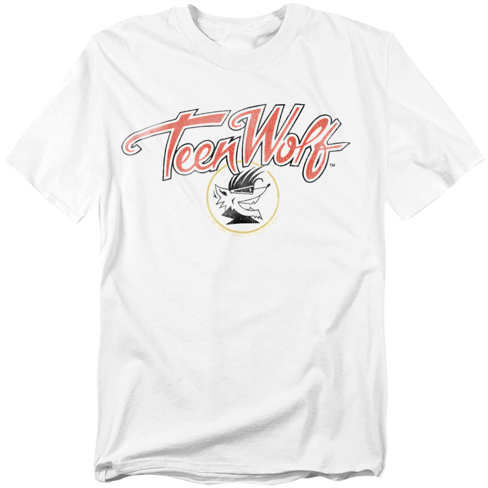 White T-shirt with a retro Teen Wolf logo in red and gray, featuring a cartoon wolf head inside a yellow circle.