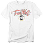 White T-shirt with a retro Teen Wolf logo in red and gray, featuring a cartoon wolf head inside a yellow circle.