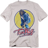 Light gray T-shirt with a vintage Teen Wolf design featuring Michael J. Fox as the werewolf in a blue jacket, standing in front of a yellow circle with the red Teen Wolf logo underneath.