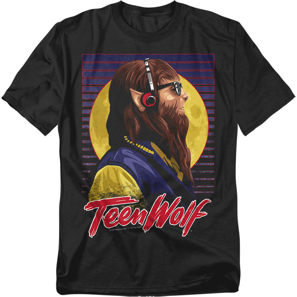 Black T-shirt featuring a retro Teen Wolf design with a side profile of the werewolf wearing headphones and sunglasses, set against a glowing full moon with the bold red Teen Wolf logo beneath.