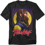 Black T-shirt featuring a retro Teen Wolf design with a side profile of the werewolf wearing headphones and sunglasses, set against a glowing full moon with the bold red Teen Wolf logo beneath.