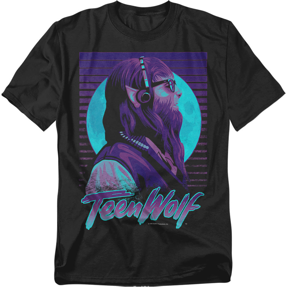 Black T-shirt with a neon Teen Wolf design showing the werewolf in profile wearing headphones and glasses, backed by a glowing turquoise full moon and purple stripes, with the Teen Wolf logo in neon blue.