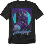 Black T-shirt with a neon Teen Wolf design showing the werewolf in profile wearing headphones and glasses, backed by a glowing turquoise full moon and purple stripes, with the Teen Wolf logo in neon blue.