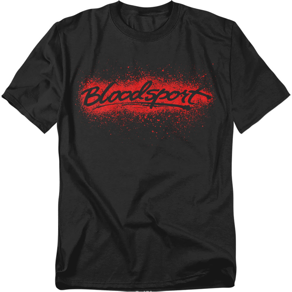 Black t-shirt featuring a red spray-paint-style Bloodsport logo with a splattered effect.