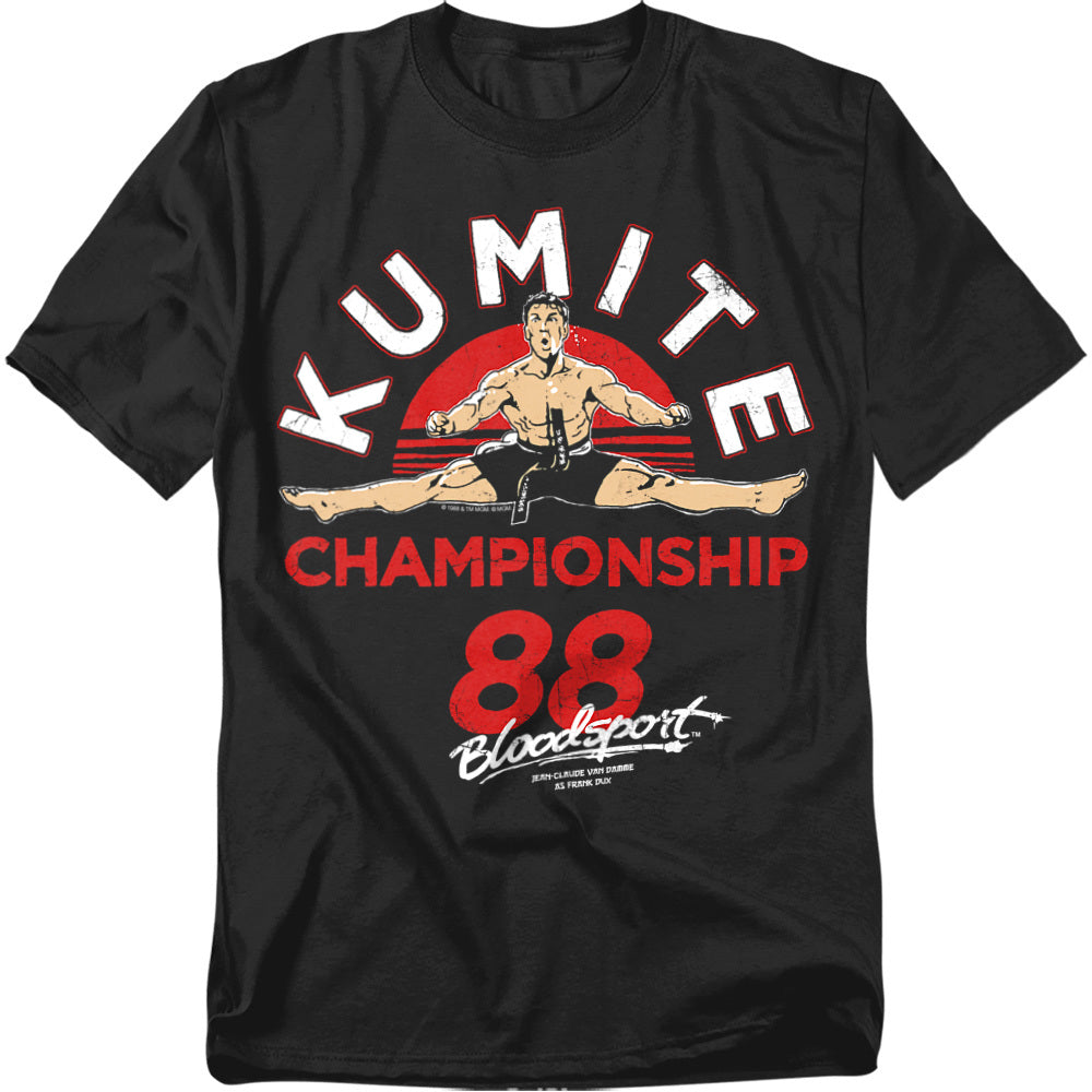 Black t-shirt featuring a vintage-style Jean-Claude Van Damme split kick graphic with the text “Kumite Championship 88 Bloodsport.”