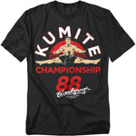 Black t-shirt featuring a vintage-style Jean-Claude Van Damme split kick graphic with the text “Kumite Championship 88 Bloodsport.”