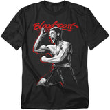 Black T-shirt with graphic of Frank Dux in a fighting pose and red Bloodsport logo.