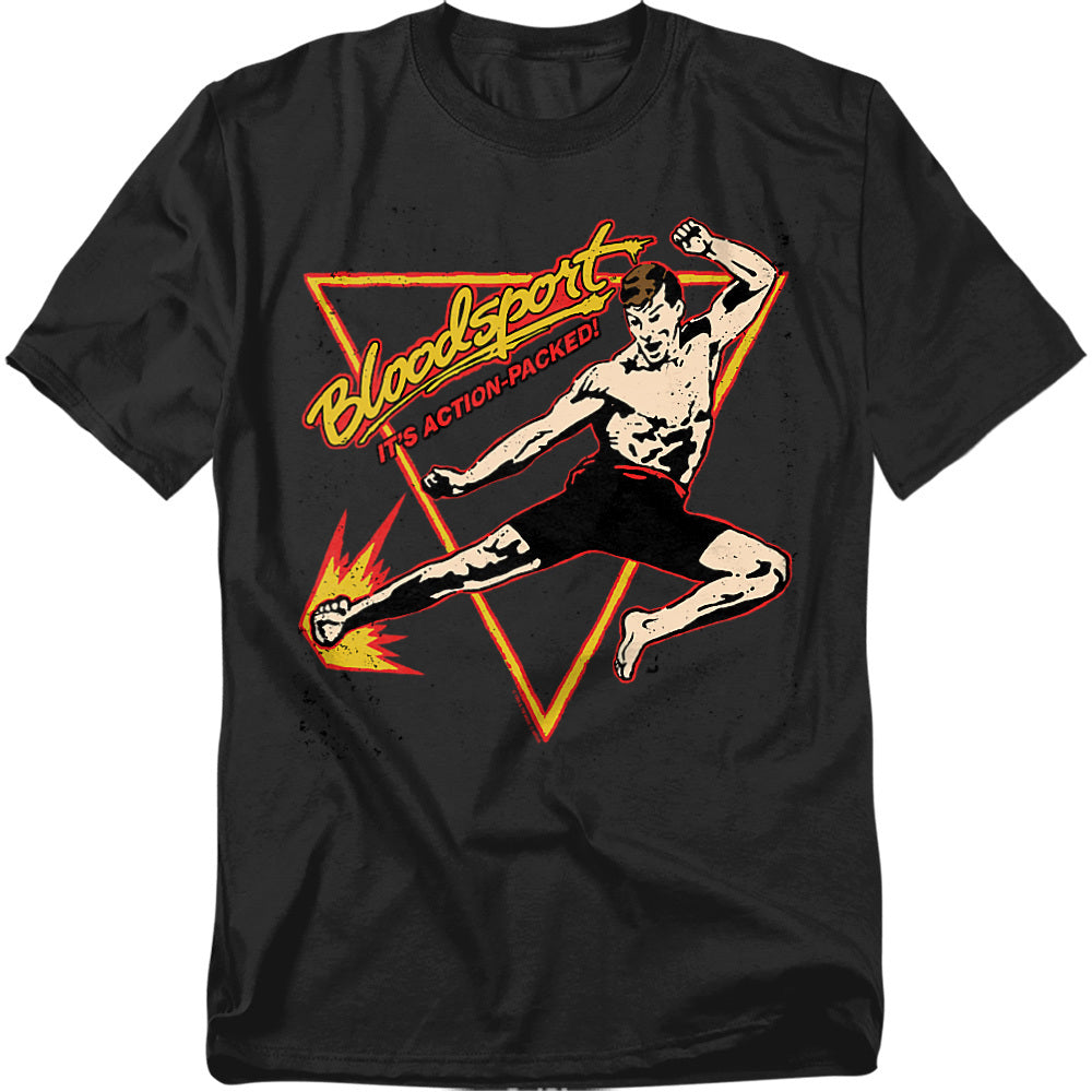 Black t-shirt featuring a retro flying kick graphic with neon triangle backdrop and “Bloodsport – It’s Action-Packed!”