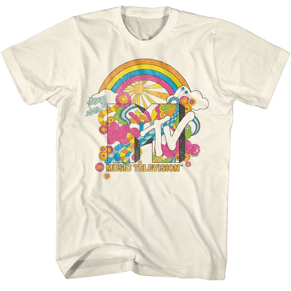 Vintage-style t-shirt with colorful MTV logo on a white background