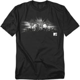 Black t-shirt with a graphic design featuring a crowd and logo on a white background